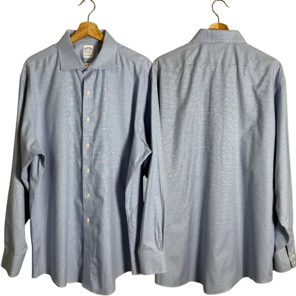 Brooks Brothers Plaid Non Iron Button Up Dress Shirt Men's 17 36 Blue Career - Picture 1 of 13